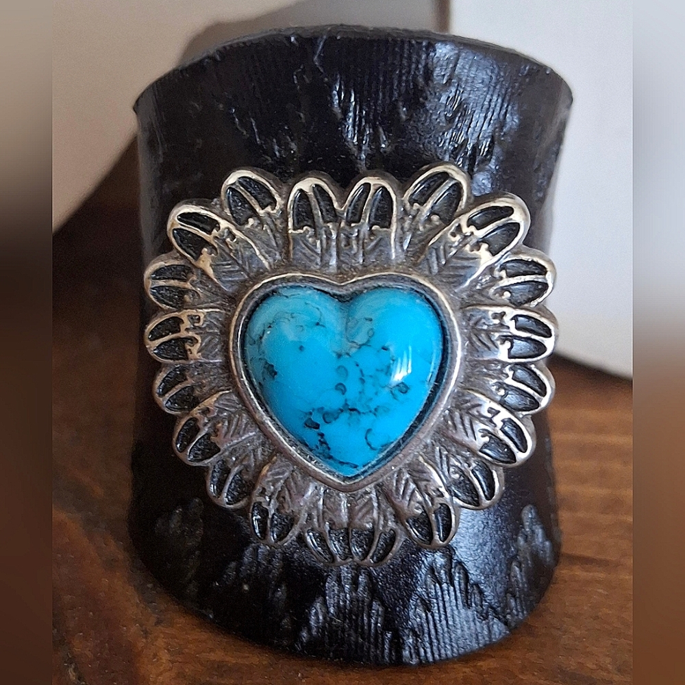 Hand Stamped Bandana Slide with Turquoise Heart NFR Rodeo Cowgirl Western